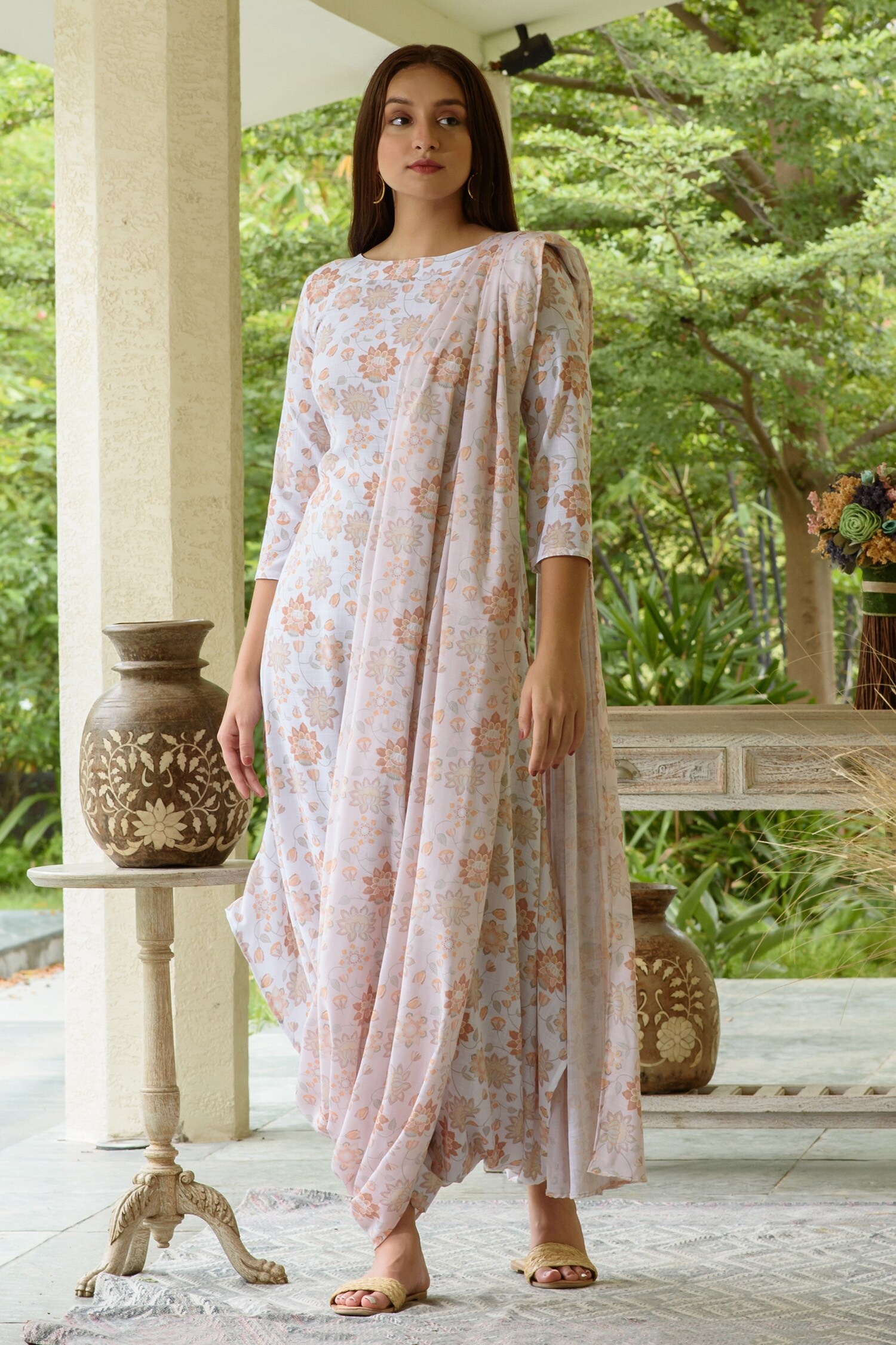 Buy White Linen Printed Floral Motifs Jumpsuit With Detachable Dupatta For Women by Pasha India