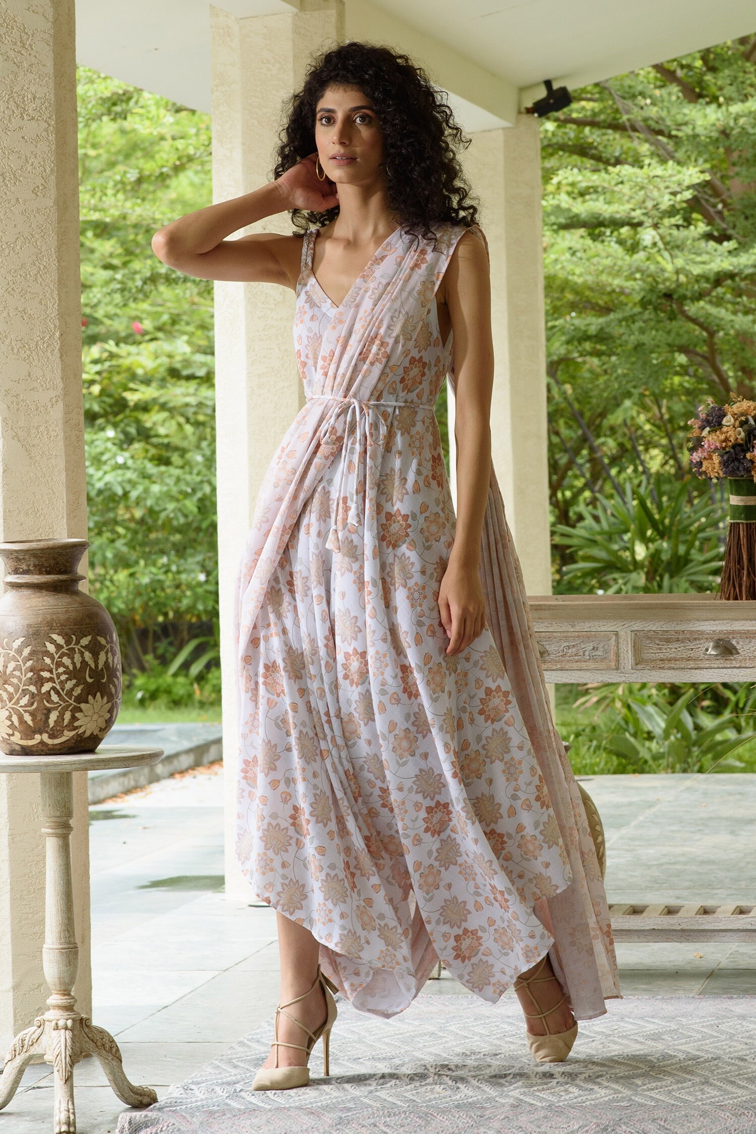 Buy White Linen Printed Floral Motifs V Neck Jumpsuit With Detachable Dupatta For Women by Pasha