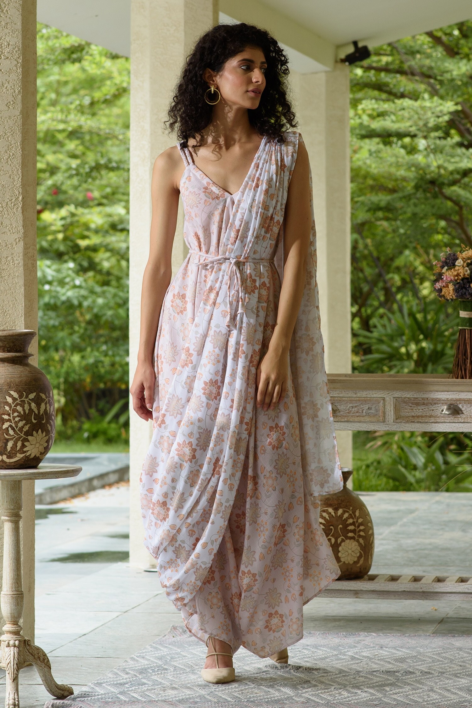 Buy Pink Linen Printed Floral Flared Jumpsuit With Detachable Dupatta For Women by Pasha India