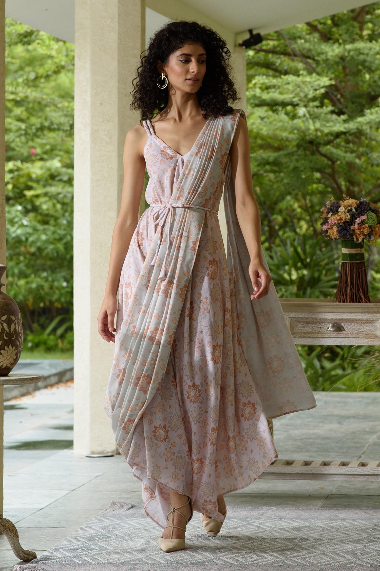 Buy Pink Linen Printed Floral Flared Jumpsuit With Detachable Dupatta For Women by Pasha India