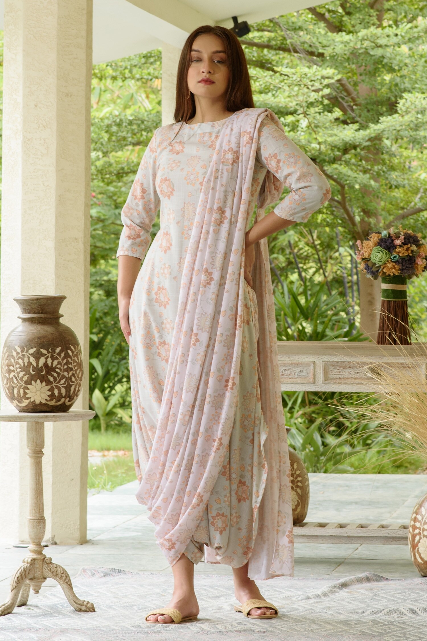 Buy Pasha India Green Linen Floral Print Jumpsuit With Detachable Dupatta Online Aza Fashions