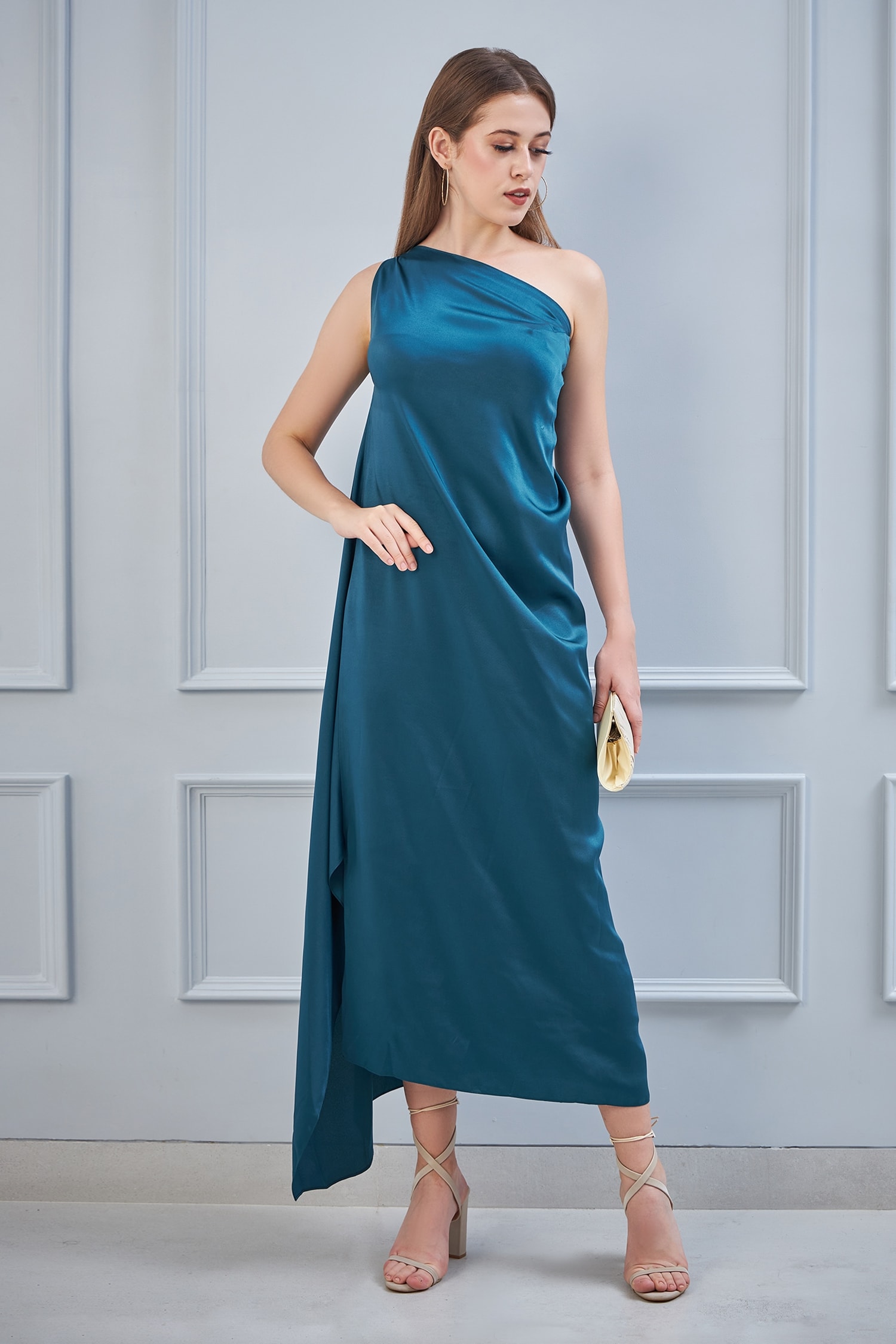 Buy Blue Moss Satin One Shoulder Draped Gown For Women by Na-Ka