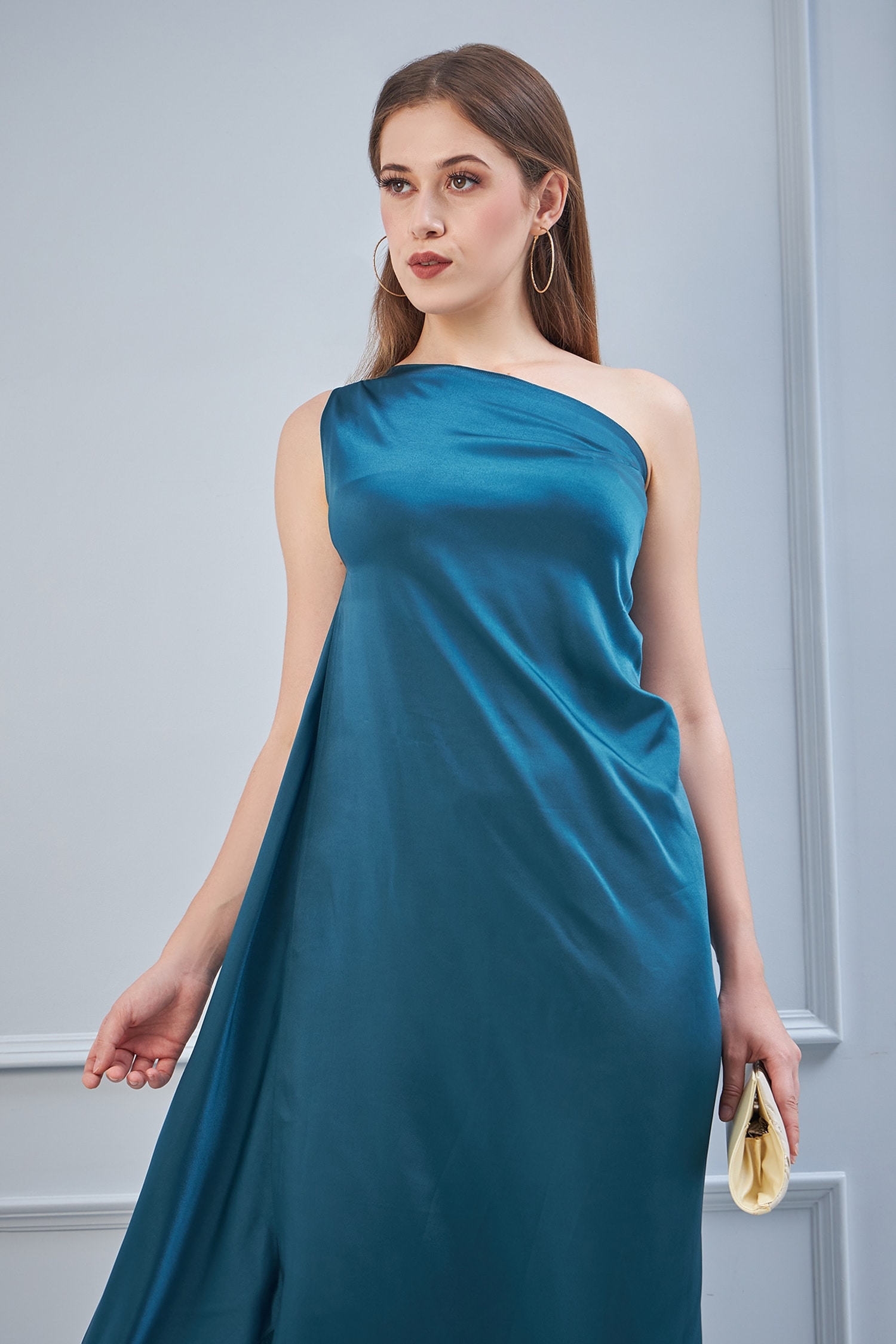 Buy Blue Moss Satin One Shoulder Draped Gown For Women by Na-Ka