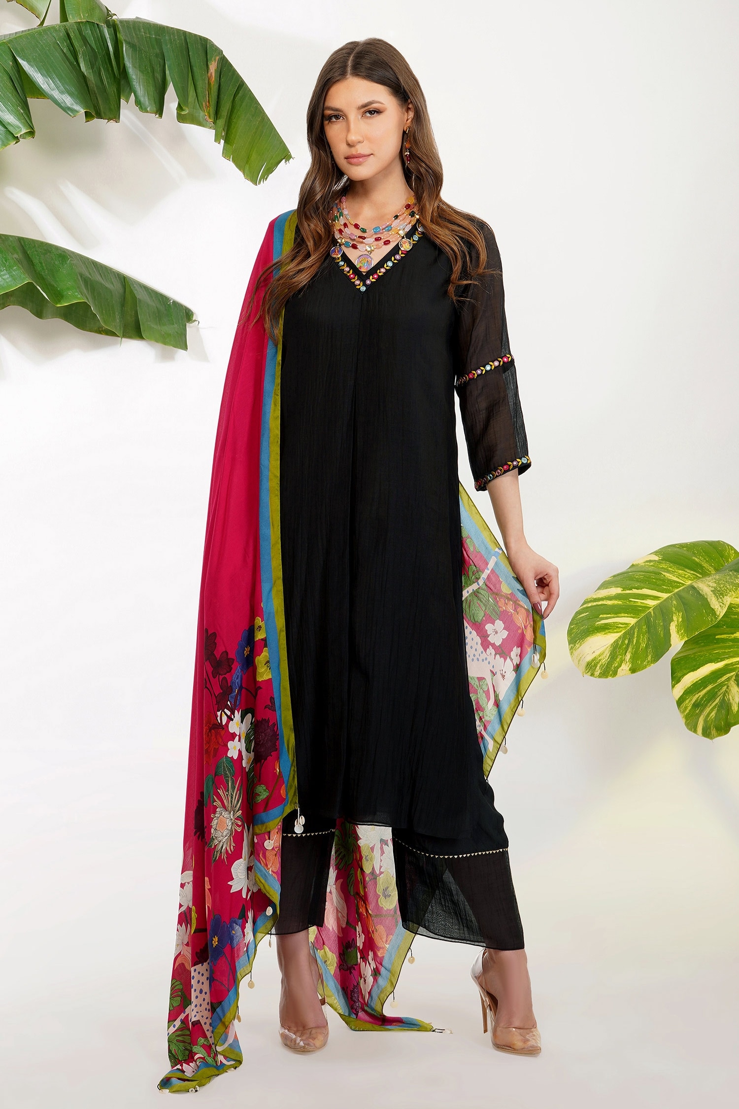 Buy Devyani Mehrotra Black Viscose Cotton Silk Kurta Set With Printed ...