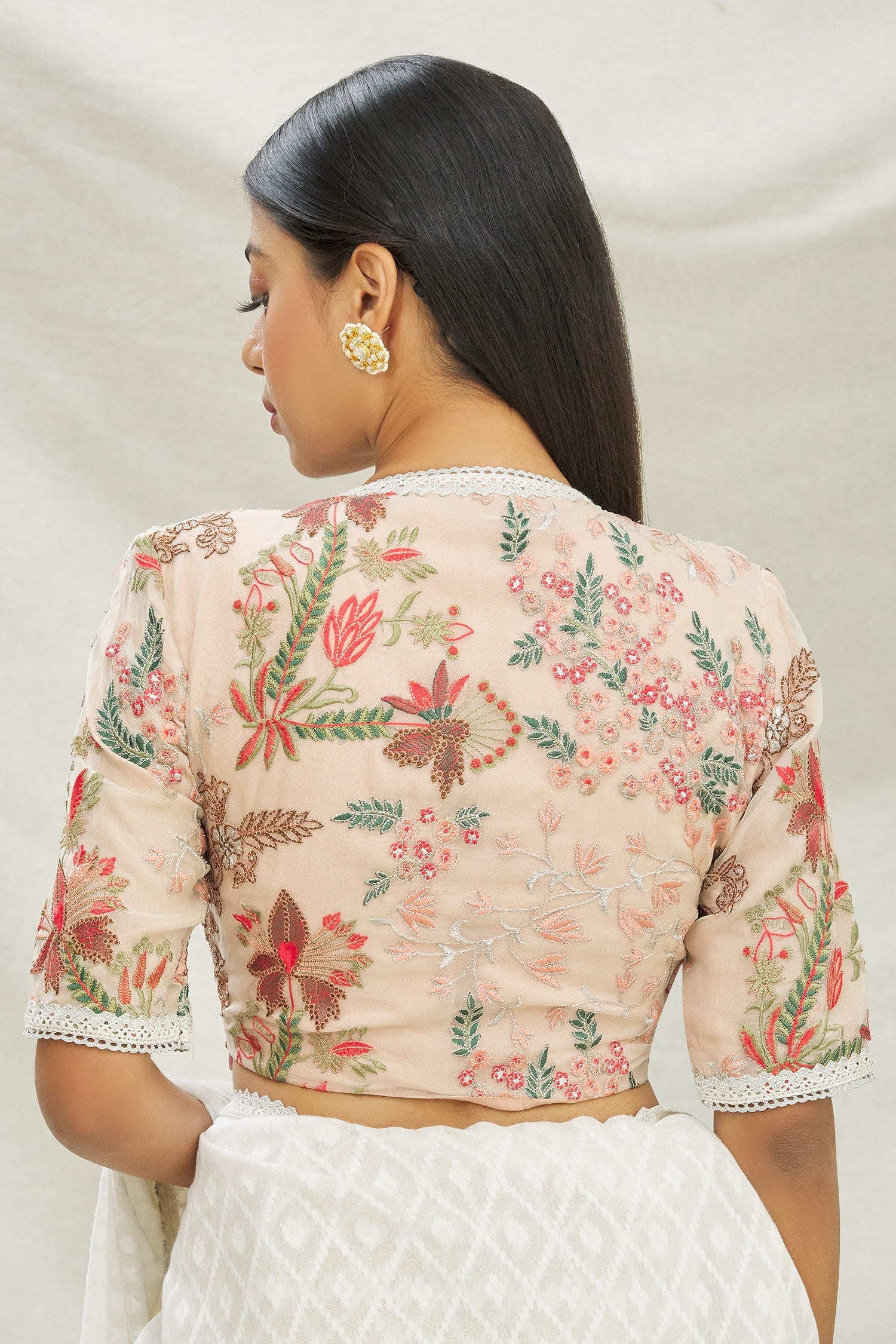 Buy Peach Organza Embroidered Floral Motifs V Neck Saree Blouse For Women  by Pranay Baidya Online at Aza Fashions.