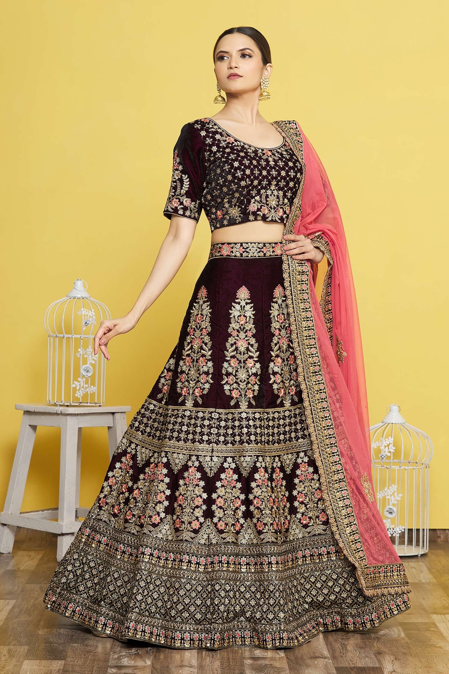 Buy Alluring Maroon Floral Printed Organza Wedding Wear Lehenga Choli -  Zeel Clothing