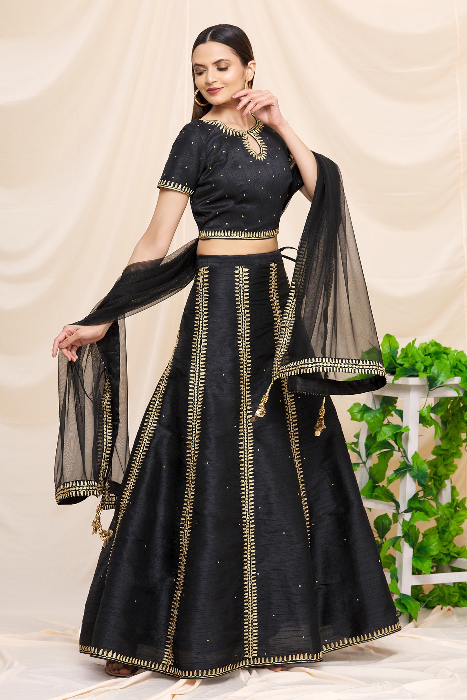 Buy Black Dupion Silk Embroidered Aari Round Lehenga Set For Women by ...