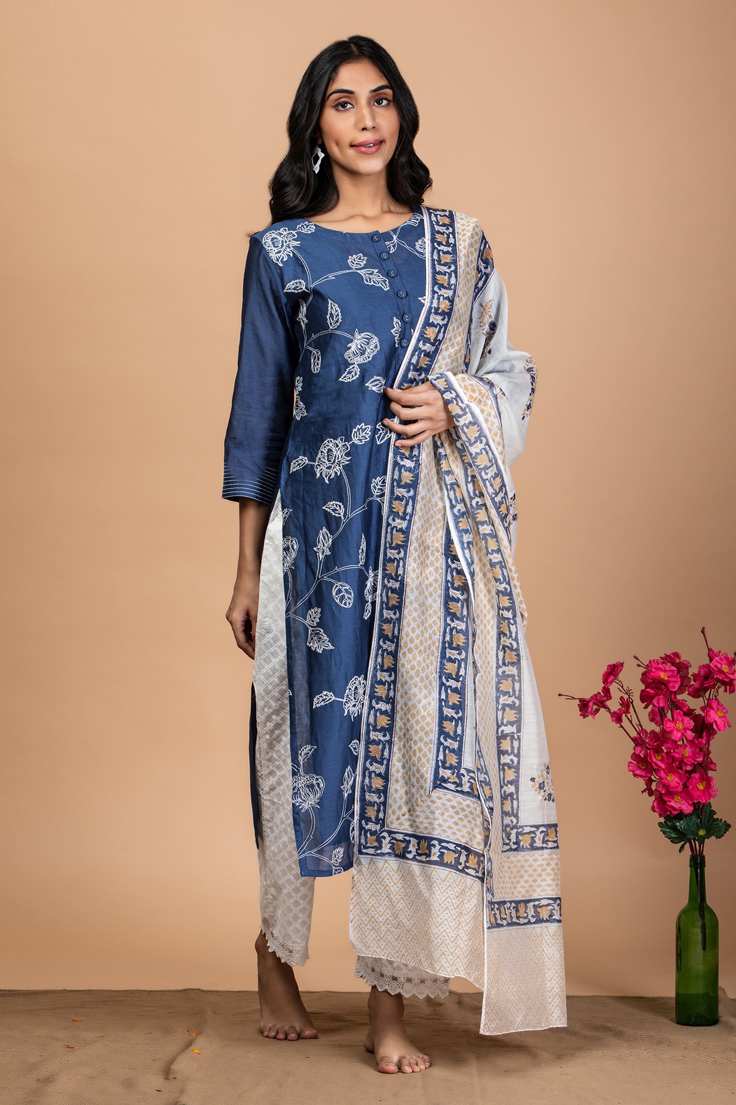 Buy Blue Kurta - Chanderi Embroidered Floral Round Set For Women by ...