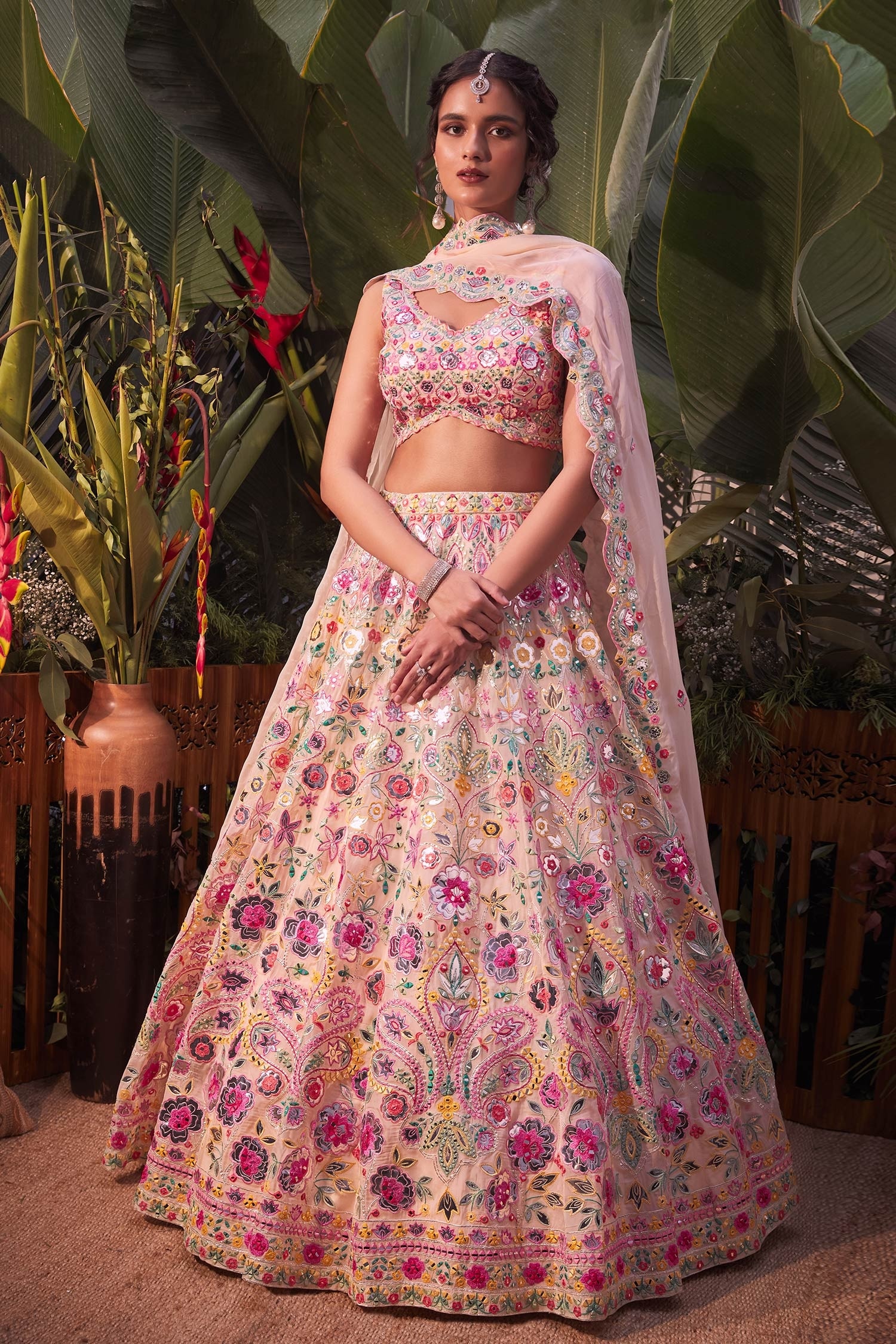 Buy White Embroidered Mirror Work V Neck Bridal Lehenga Set For Women ...