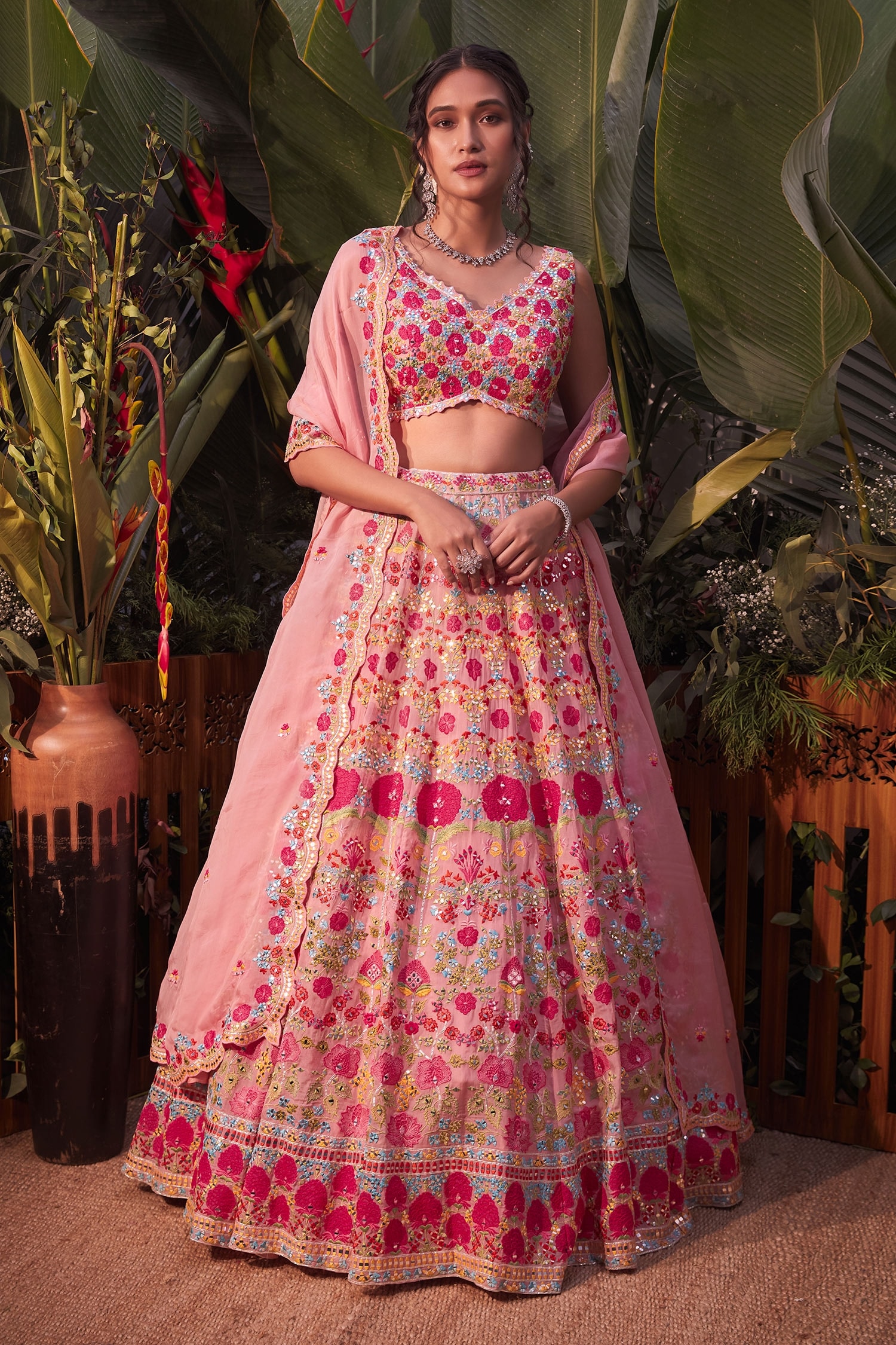 Buy Pink Organza Embroidery Mirror V Neck Lehenga Set For Women by ...