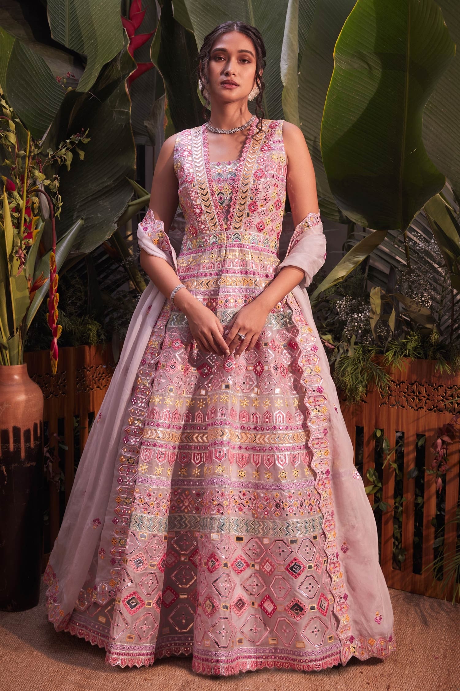 Buy Grey Net Embroidery Mirror V Neck Jacket Lehenga Set For Women by