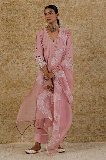 Baby Pink - Plain Silk Pintuck Long Kurta