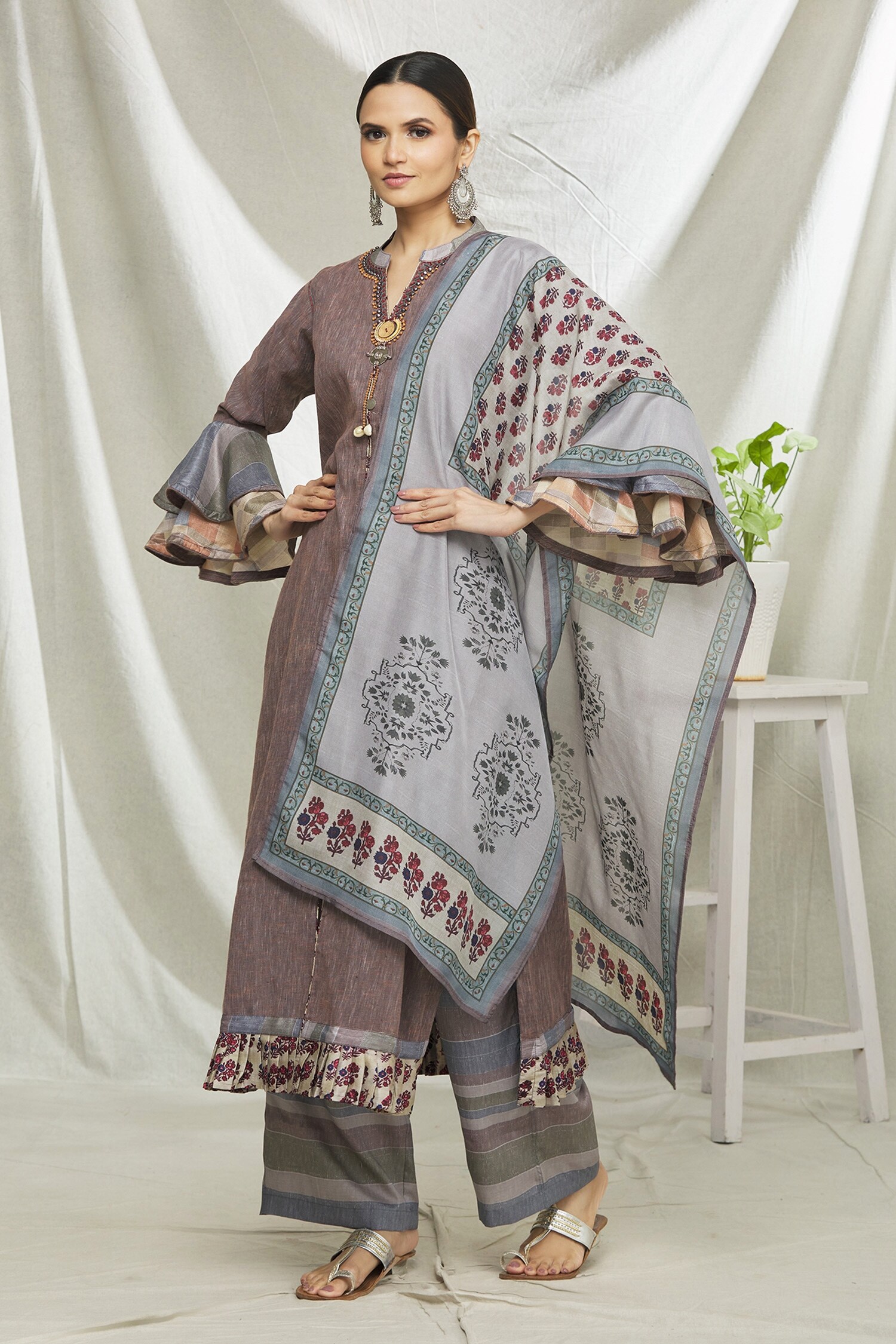 Samyukta Singhania - Grey Art Silk Umbrella Sleeve Kurta Set