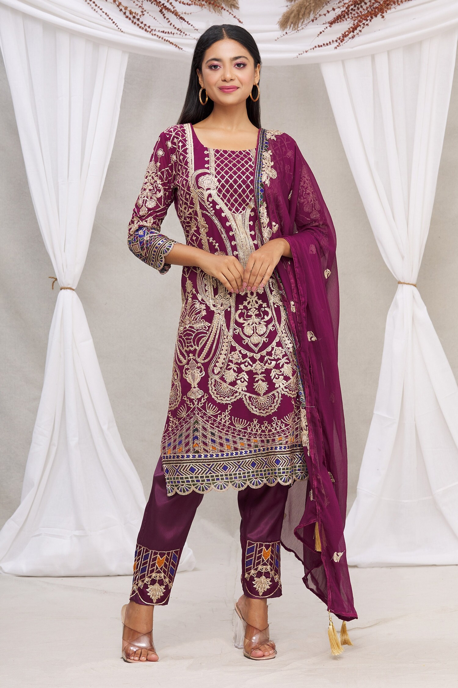 Buy Samyukta Singhania Purple Chiffon Floral Embroidered Kurta Set ...