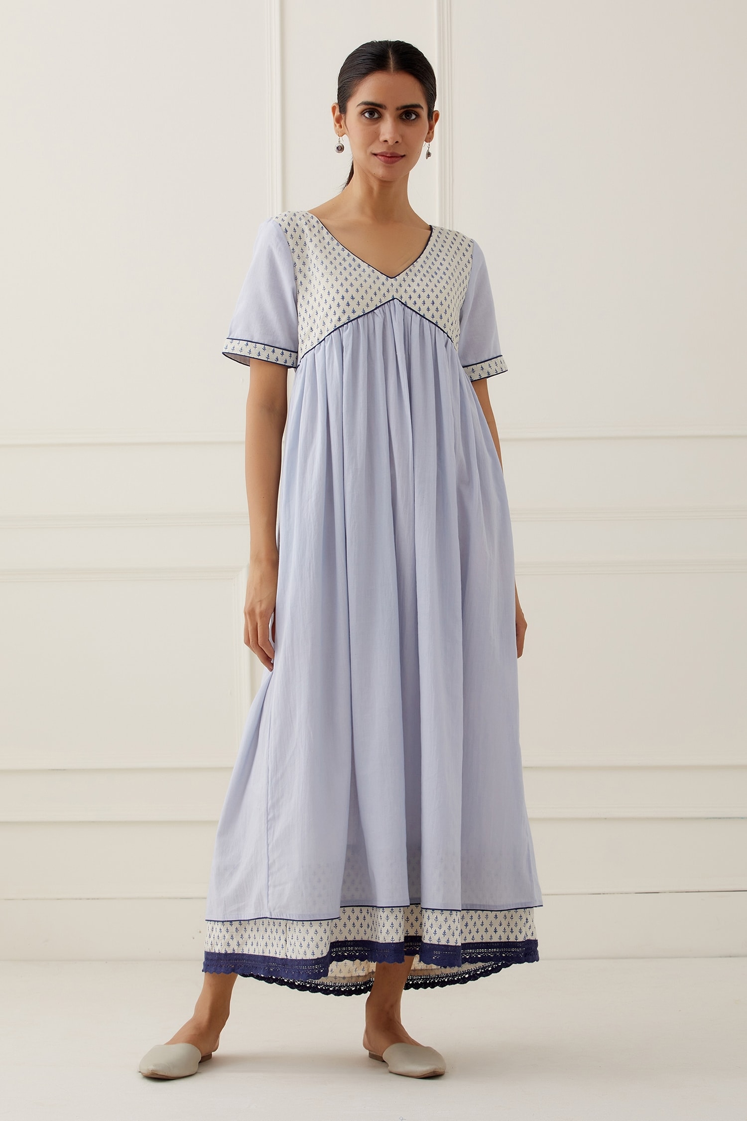 Buy TIC Blue Cotton V Neck Pleated Dress Online | Aza Fashions