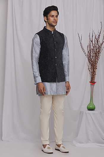 Peacock Blue Kurta with a floral print Nehru Jacket