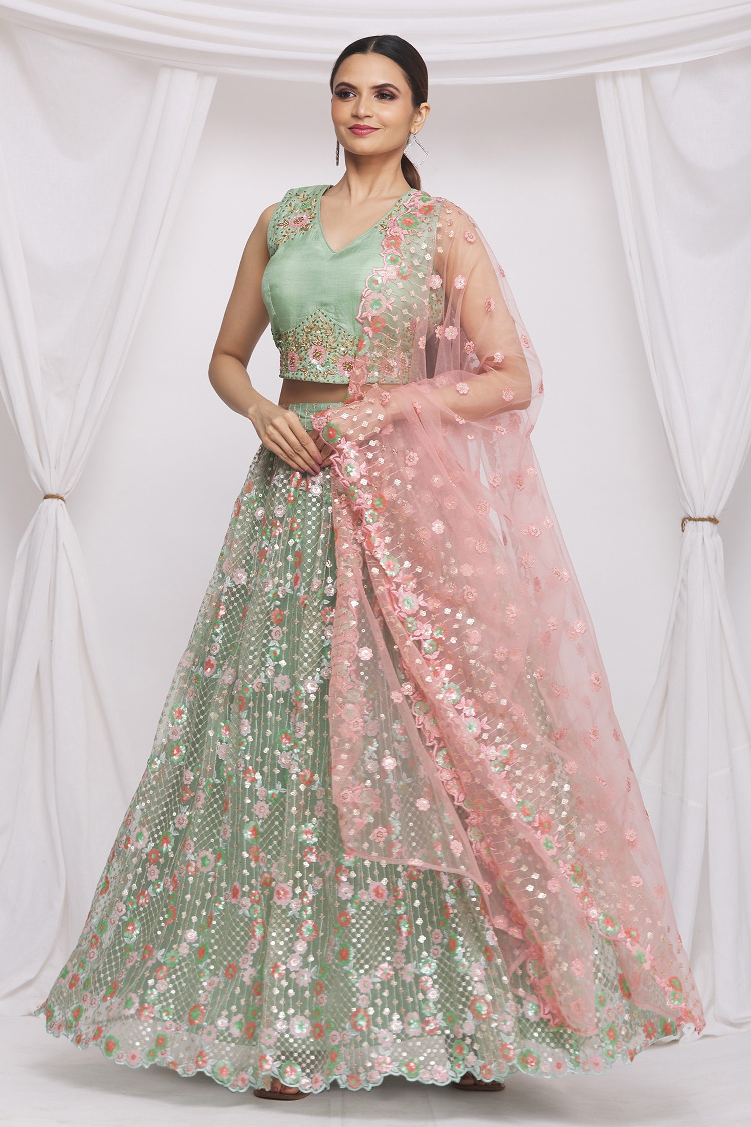 Buy Nazaakat by Samara Singh Green Raw Silk Sequin Embroidered Lehenga ...