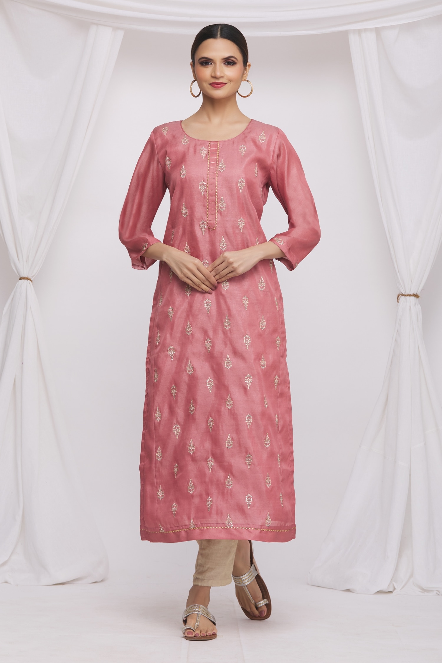 Buy Pink Chanderi Silk Embroidered Floral Motifs Round Kurta For Women By Nazaakat By Samara