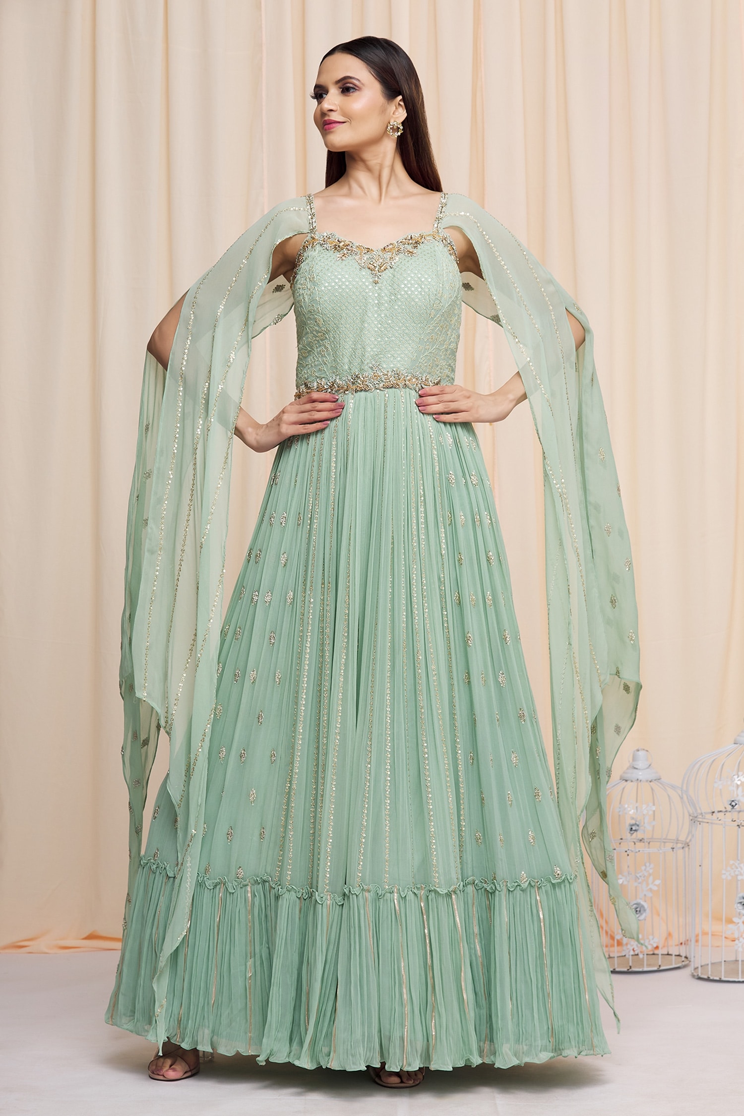 Buy Samyukta Singhania Green Georgette Cape Sleeve Gown Online | Aza ...