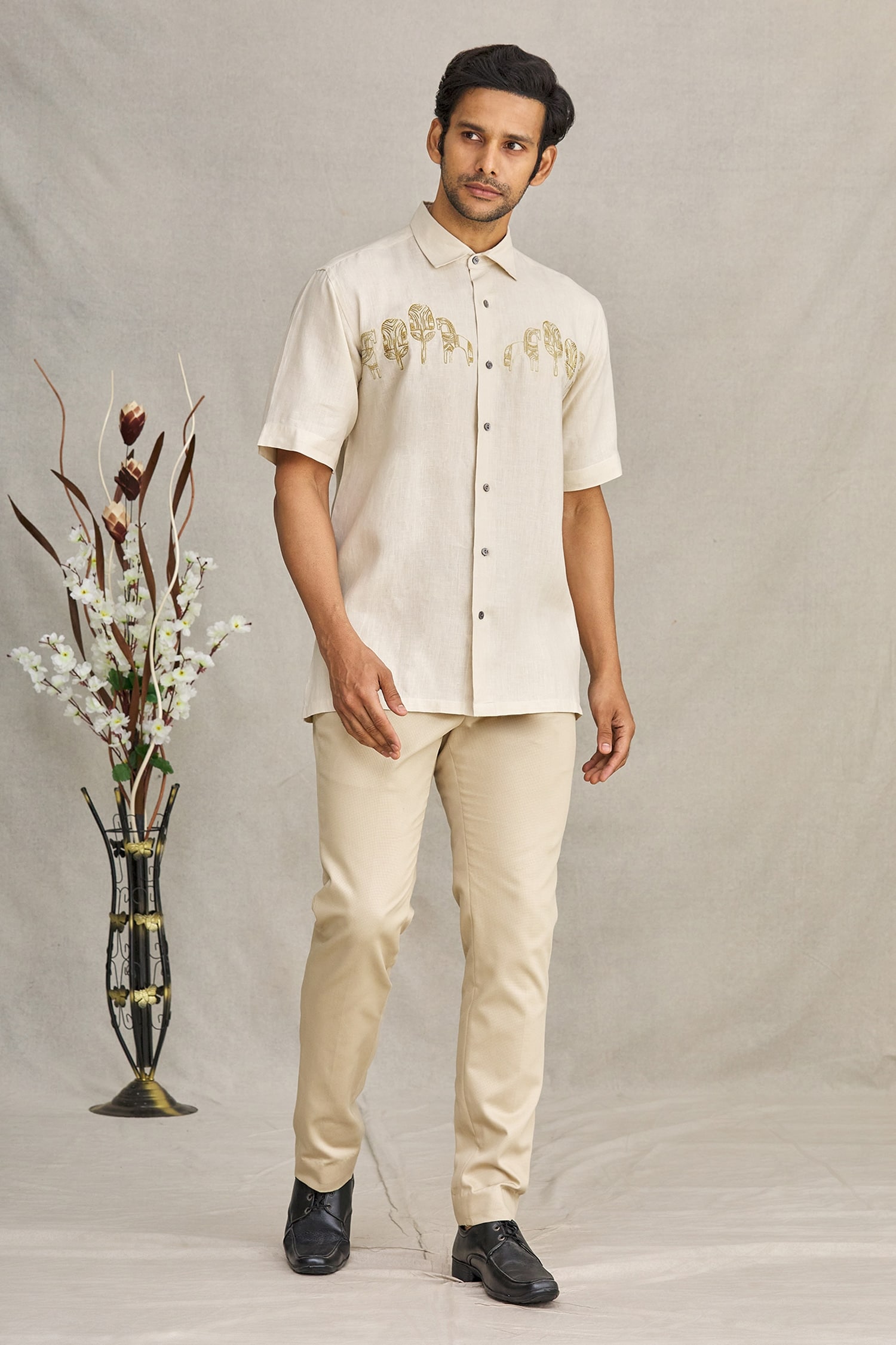 Buy Beige Linen Embroidered Folk Art Shirt For Men by Ekam By Manish Online  at Aza Fashions.