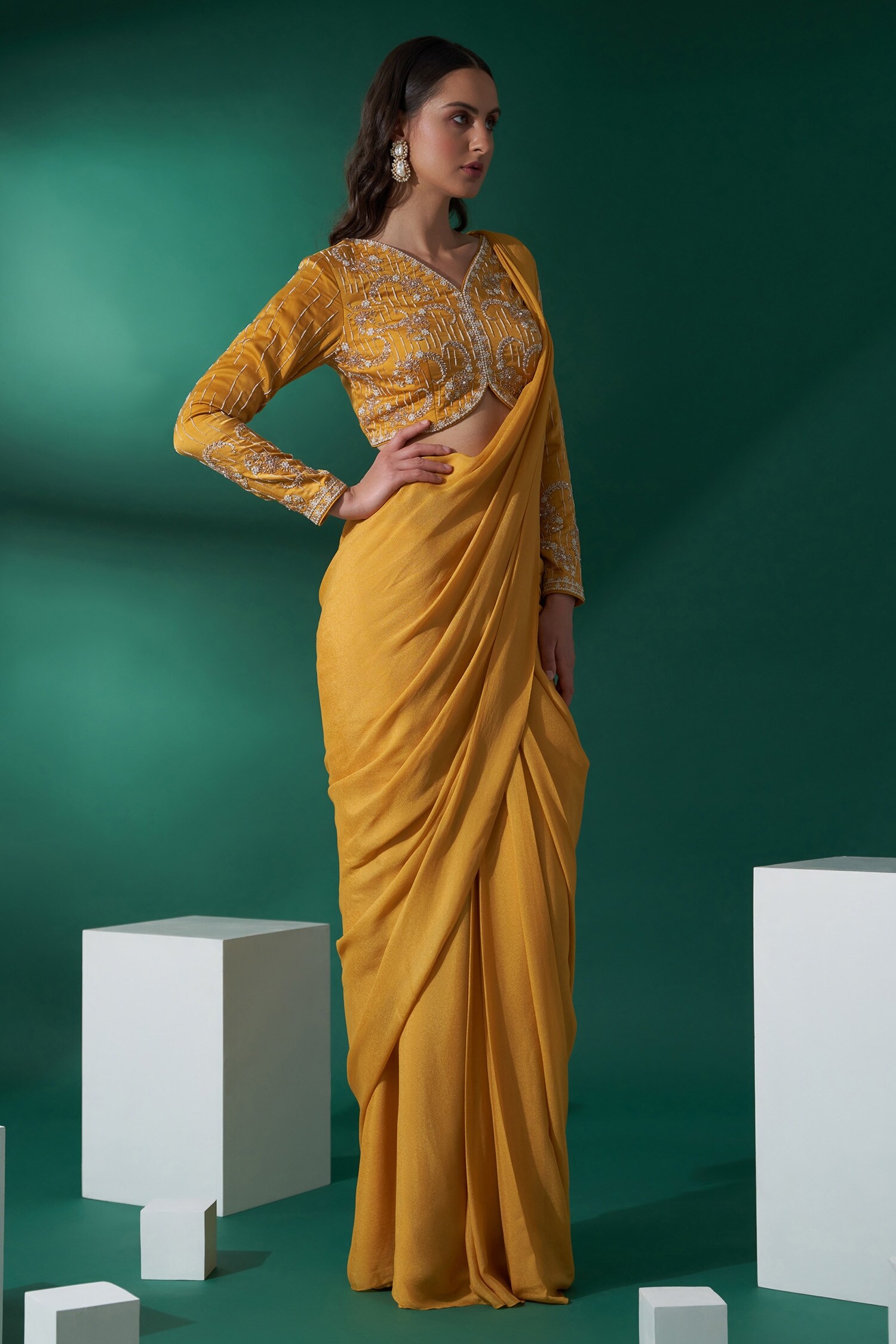Buy Green Tussar Silk And Georgette Crepe Lining Pre-draped Pant Saree Set  For Women by Suruchi Parakh Online at Aza Fashions.