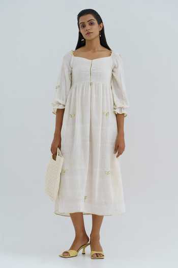 White Handloom Cotton Calf Length Luna Summer Dress main image 1