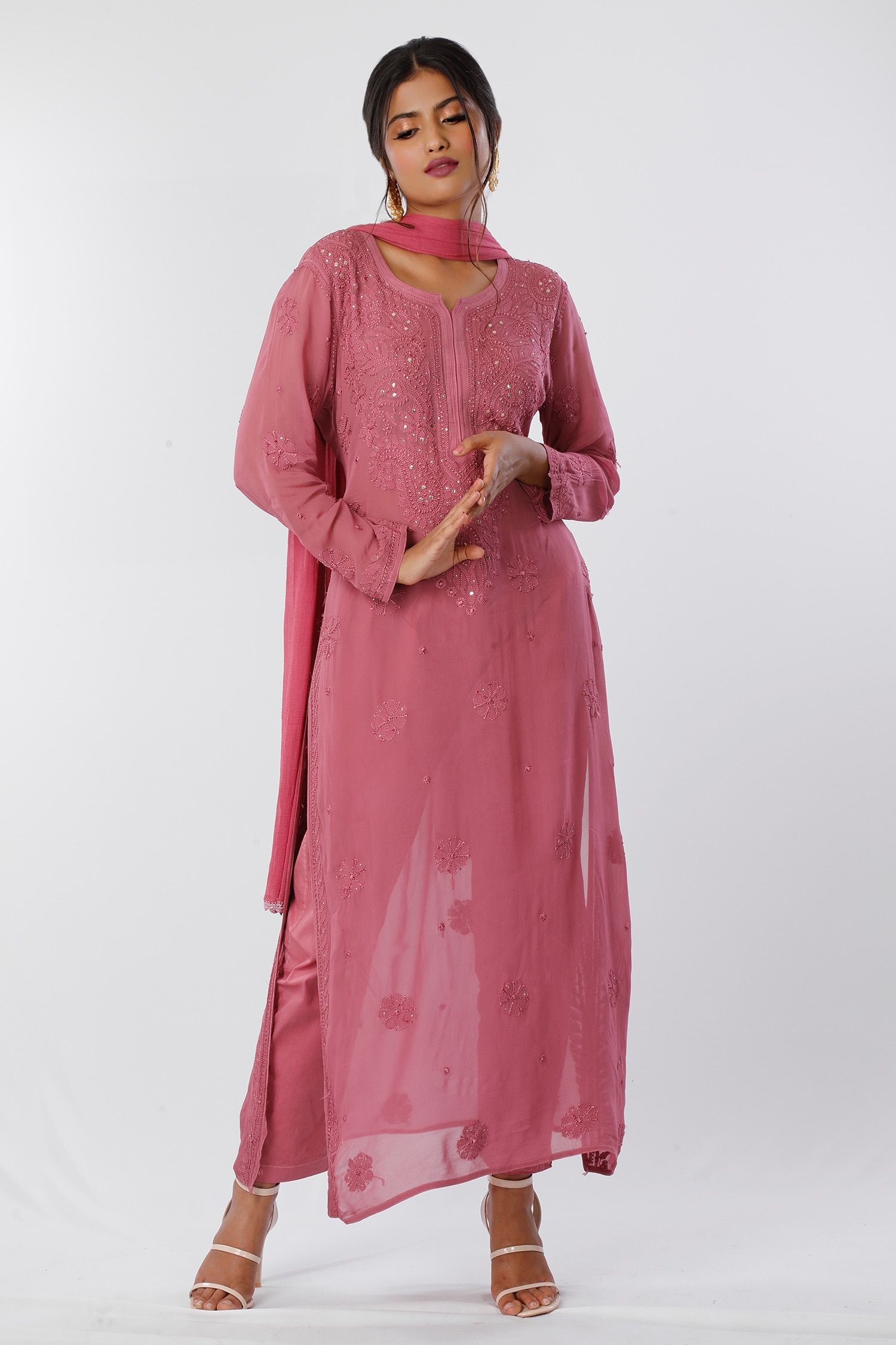 LABEL AISHWARYRIKA - Pink Georgette Resham And Blossom Chikankari Kurta For  Women