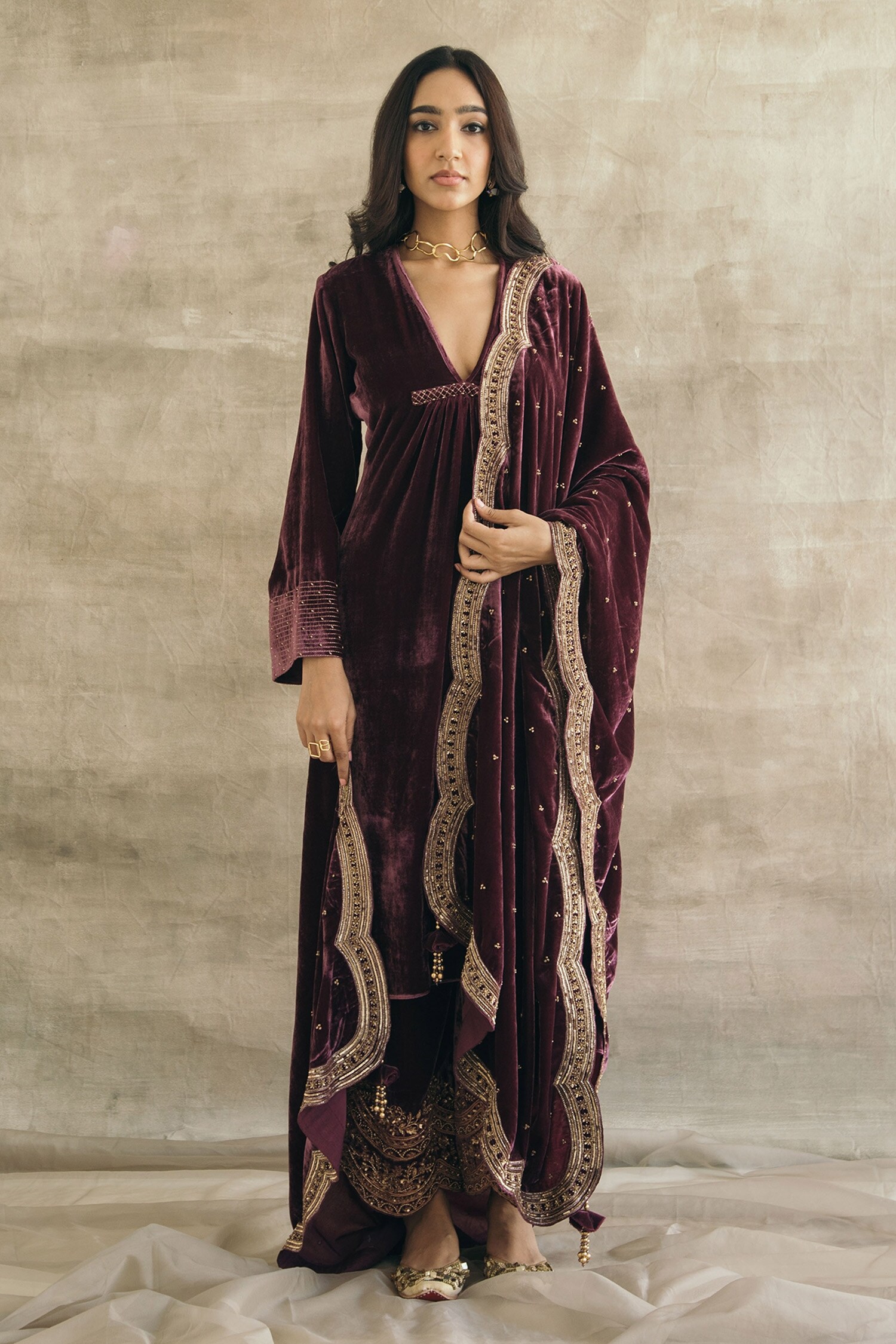 Sureena Chowdhri Purple Silk Velvet Kurta Palazzo Set
