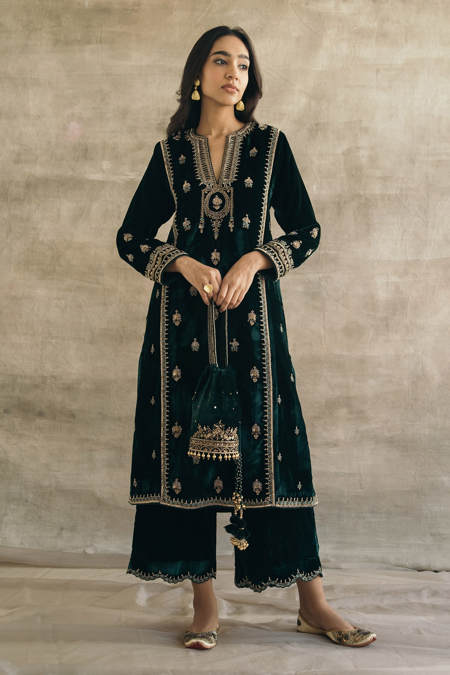 Buy Green Silk Velvet Embroidery Sequin Notched Kurta Palazzo Set For ...