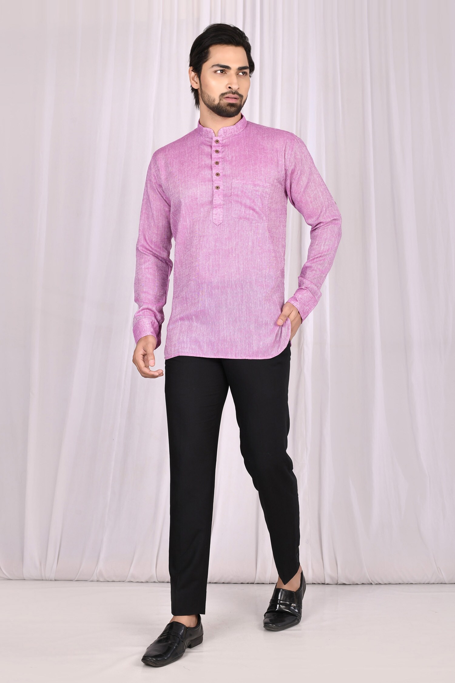 Samyukta Singhania Purple Cotton Linen Plain Short Kurta For Men