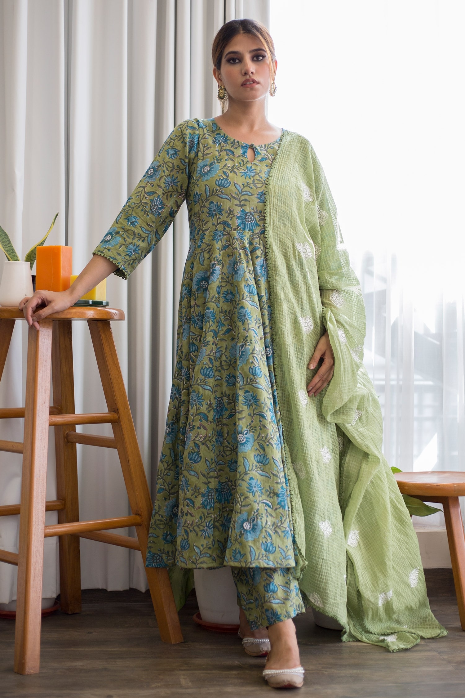 Buy Gulabo Jaipur Green Cotton Floral Print Anarkali Set Online | Aza ...