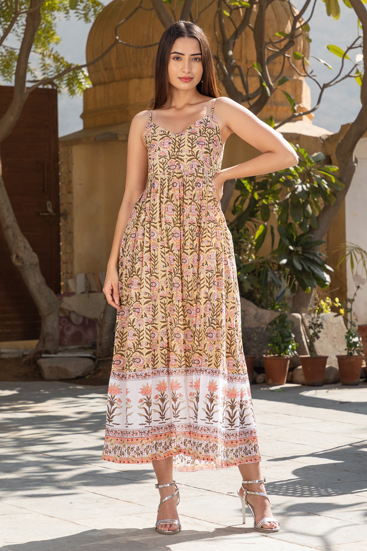 Buy Inara Jaipur Yellow Cotton Block Print Camisole Dress Online Aza