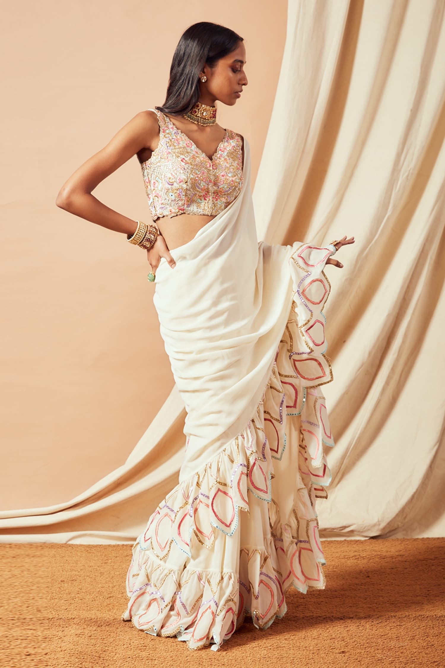 Buy Bollywood Model White net designer ruffle saree in UK, USA and Canada
