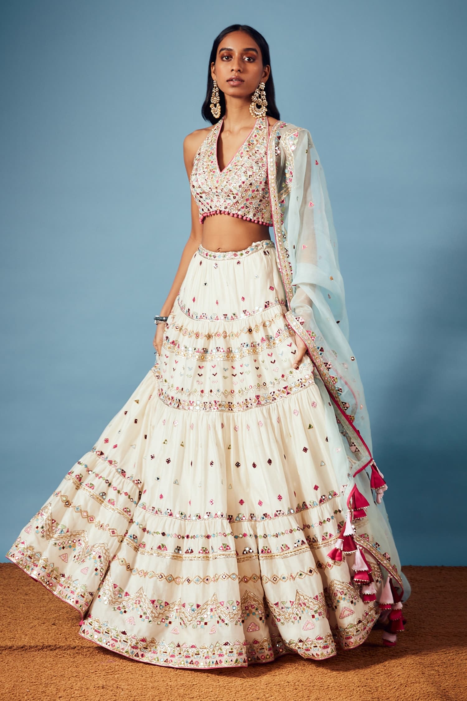 Buy White Chanderi Embroidered Mirror Work Halter Neck Lehenga Set For ...