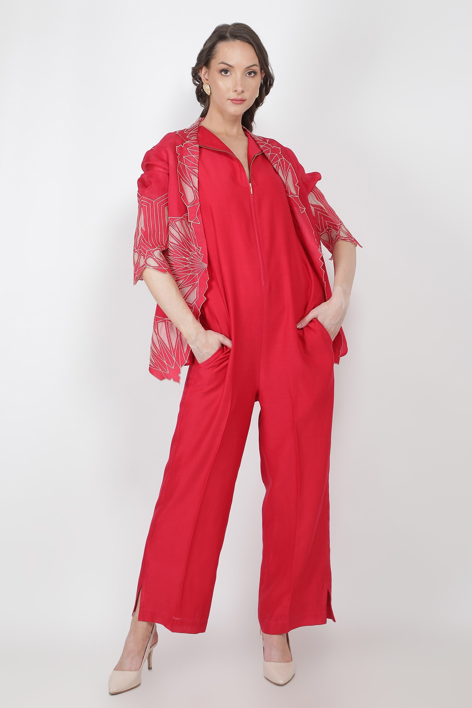 Buy Jajaabor Pink Silk Organza Jacket With Jumpsuit Online Aza Fashions