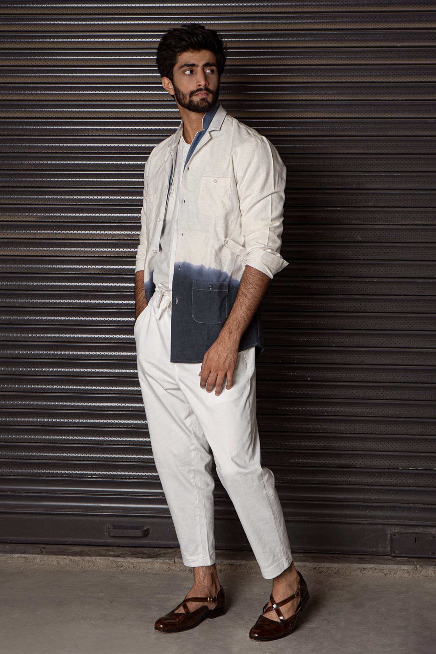 Buy White Cotton Linen Plain Ombre Overshirt And Pant Set For Men by ...