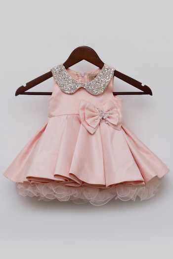 Babyhug Cotton Knit Full Sleeves Peter Pan Collared Frock With Bloomer Kitten & Floral Print - Pink