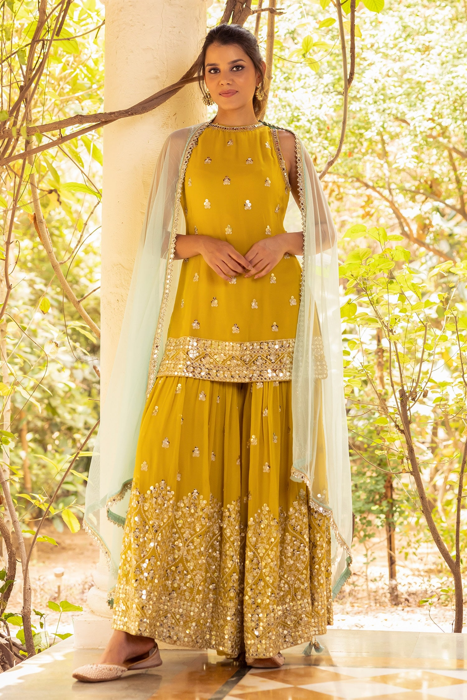 Basanti - Kapde Aur Koffee Yellow Georgette Embroidered Sequins High Neck Work Kurta Sharara Set For Women
