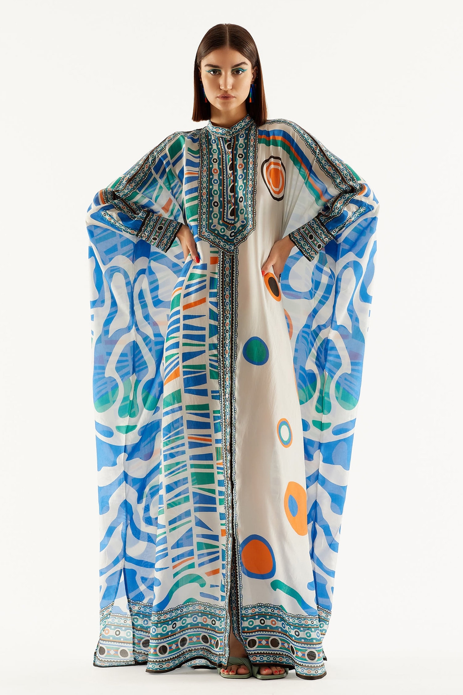 Buy Blue Silk Printed Geometric Band Collar Dakota Kaftan Tunic For ...