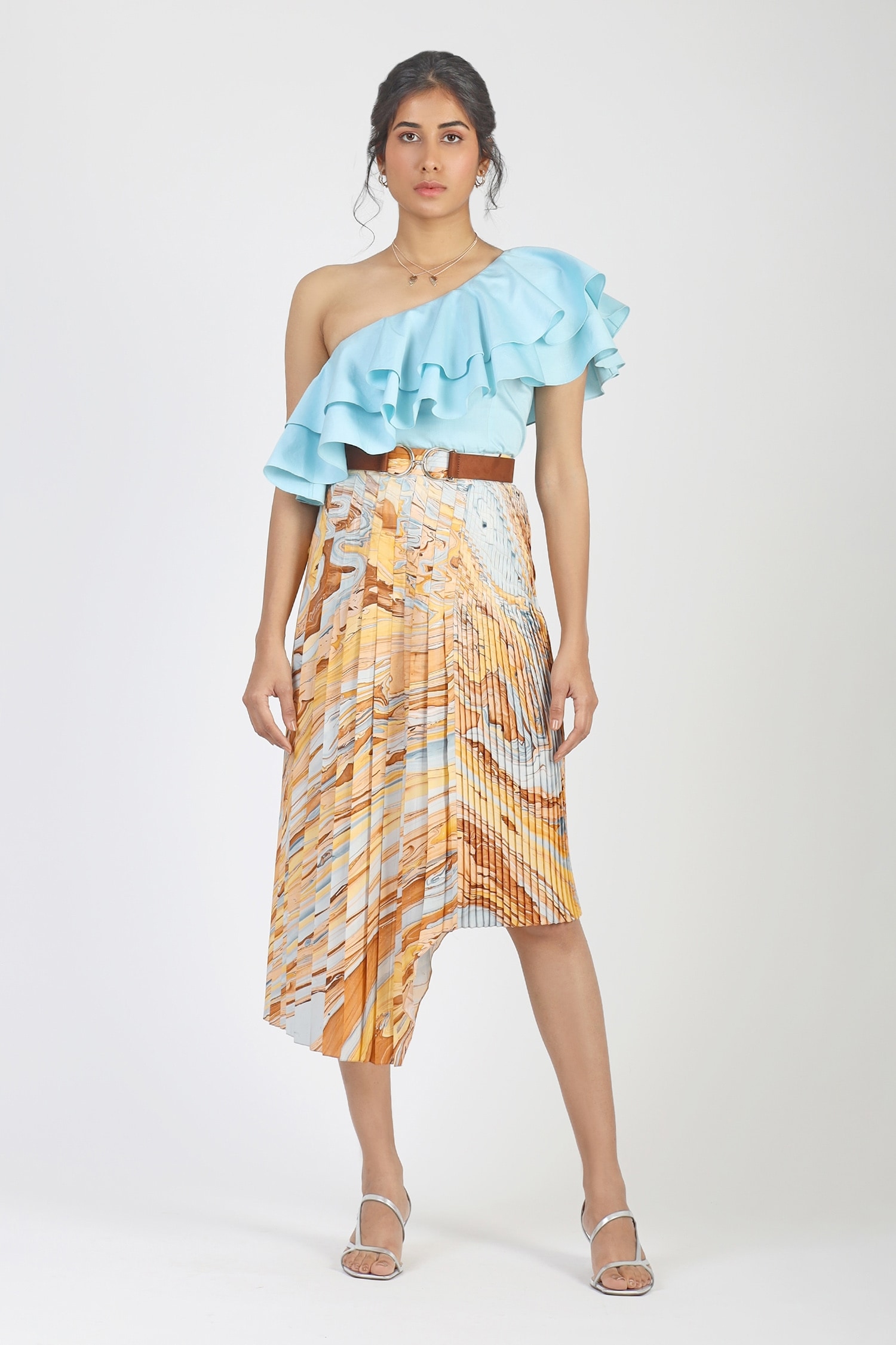 Buy Geisha Designs Orange Asymmetric Pleated Skirt Online | Aza Fashions