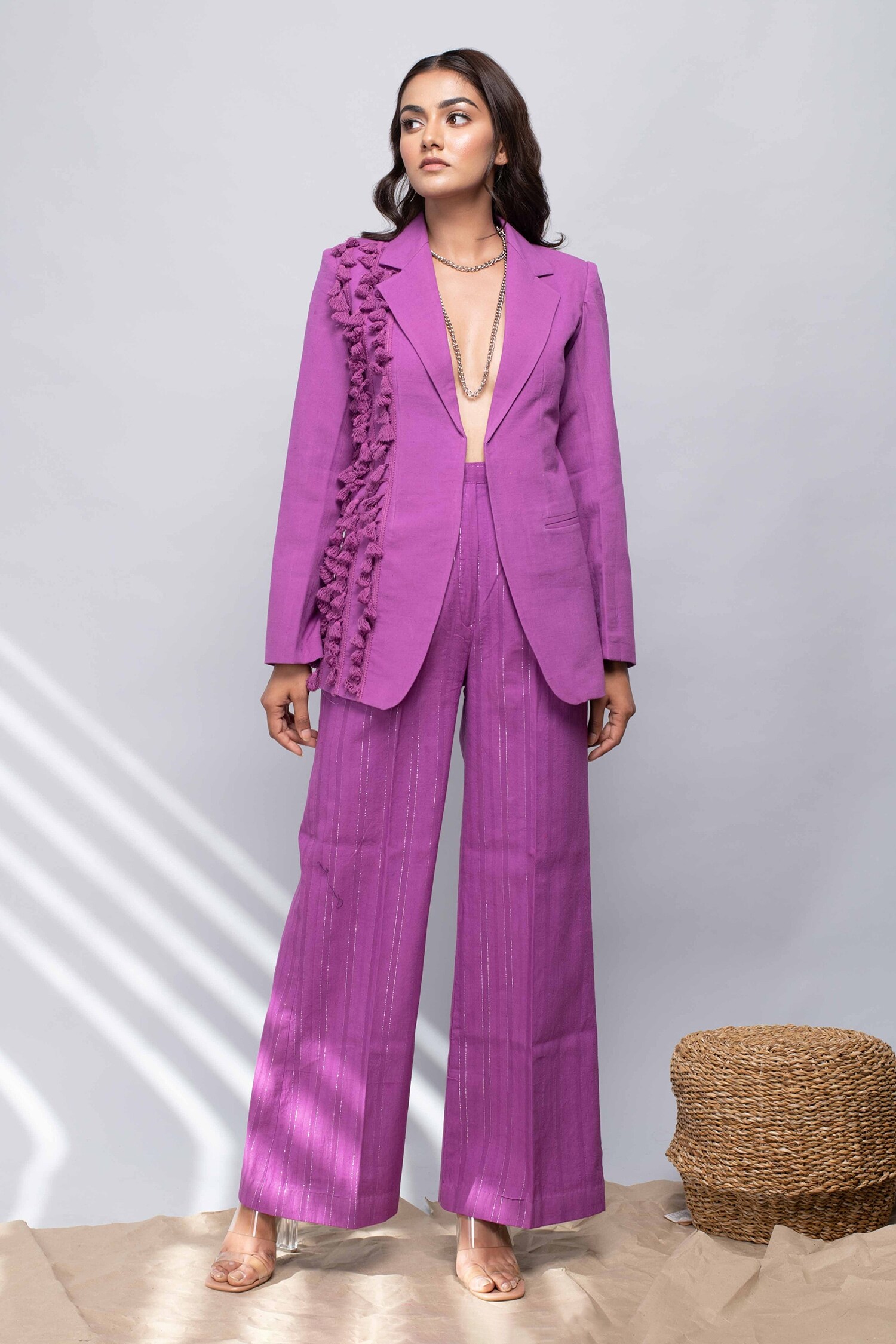 Buy Purple Cotton Embellished Tassel Notched Lapel Blazer And Pant Set ...