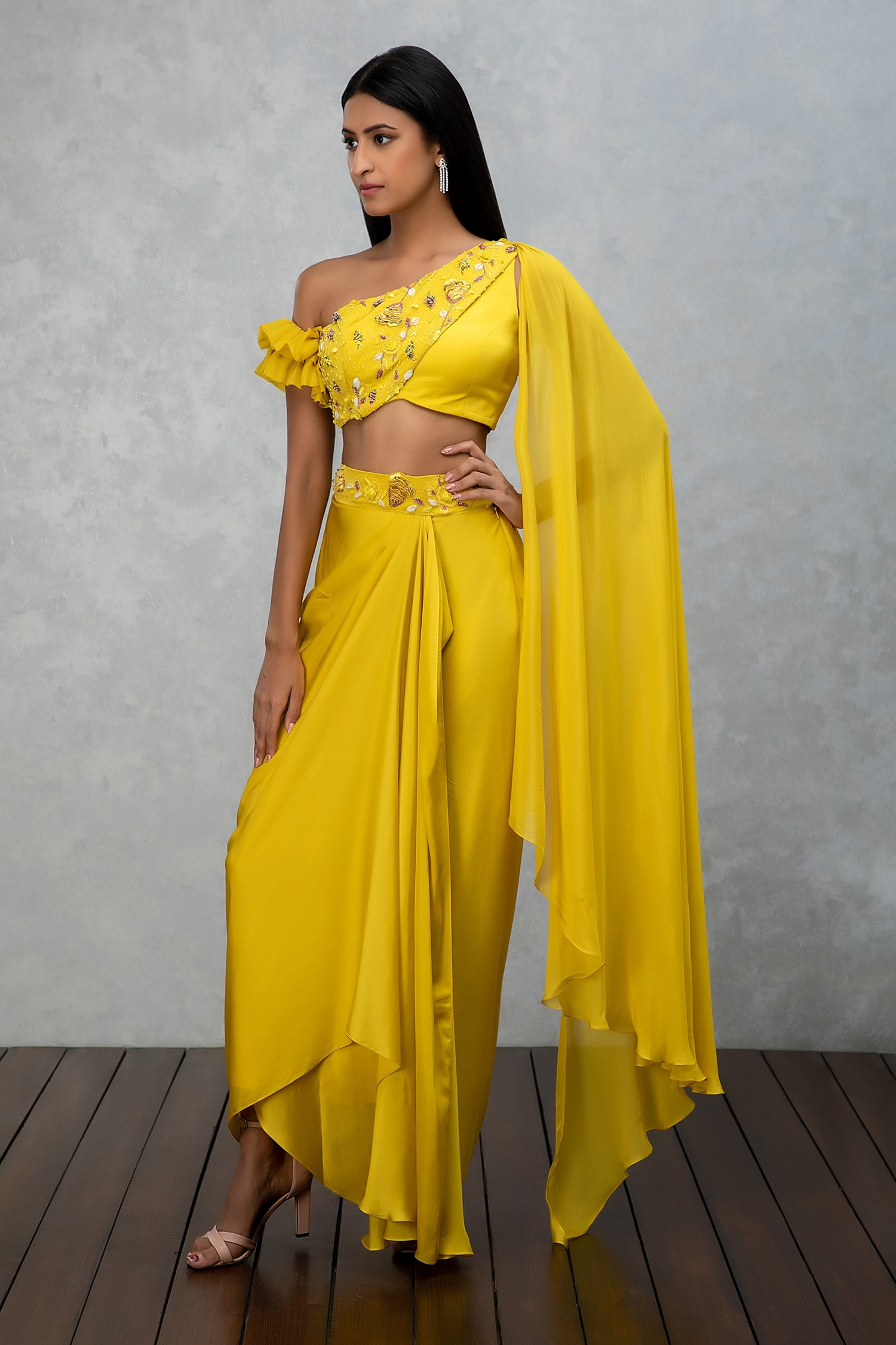 Buy Yellow Satin Silk Embroidered Cutdana Work One Draped Top And Skirt ...