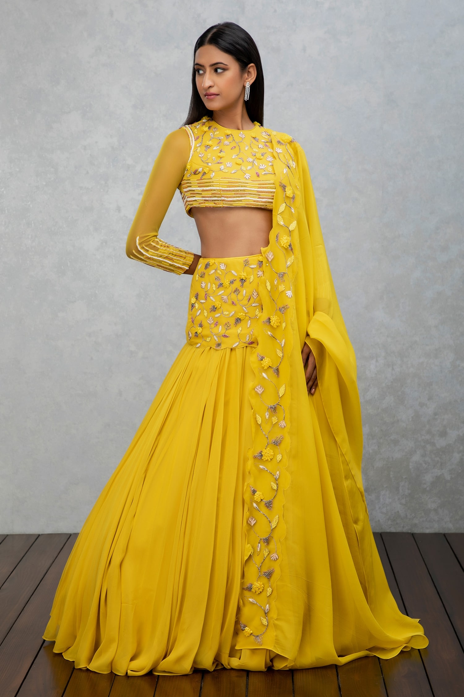 Buy Yellow Georgette Embroidered Floral Round Pleated Lehenga Set For ...