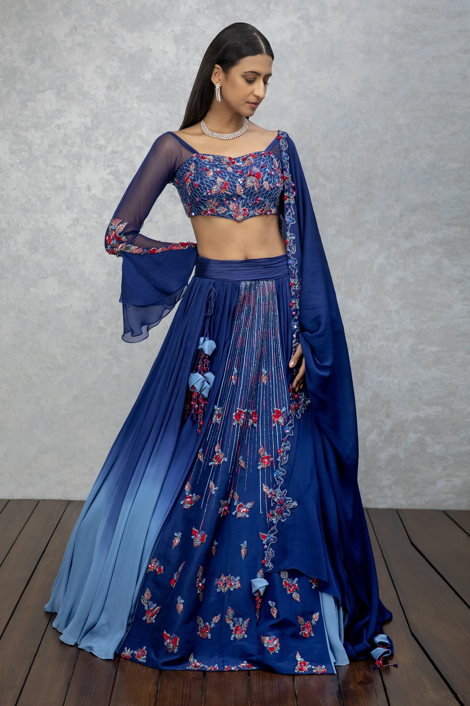 Buy Blue Chiffon Embroidered Floral Sweetheart Neck Lehenga Set For