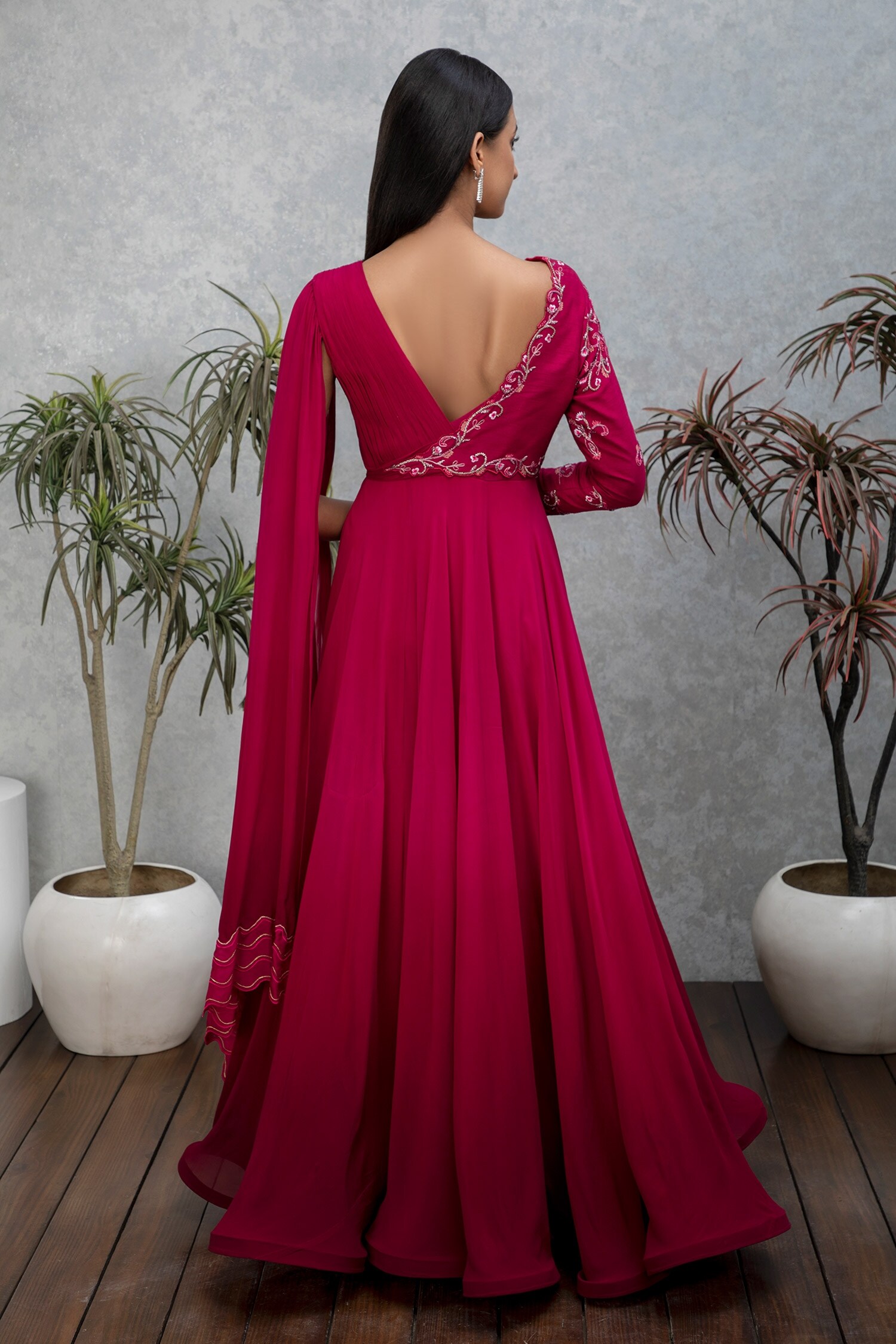Buy Isha Gupta Tayal Pink Georgette V Neck Draped Sleeve Gown Online | Aza Fashions