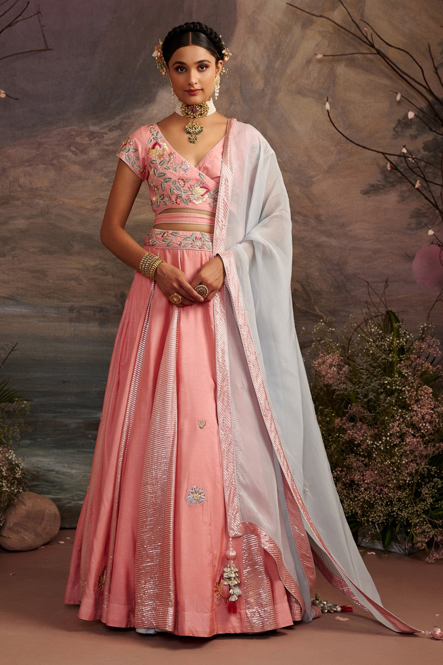 Buy Pink Dupion Silk And Organza Embroidery Thread Antara Lehenga Set