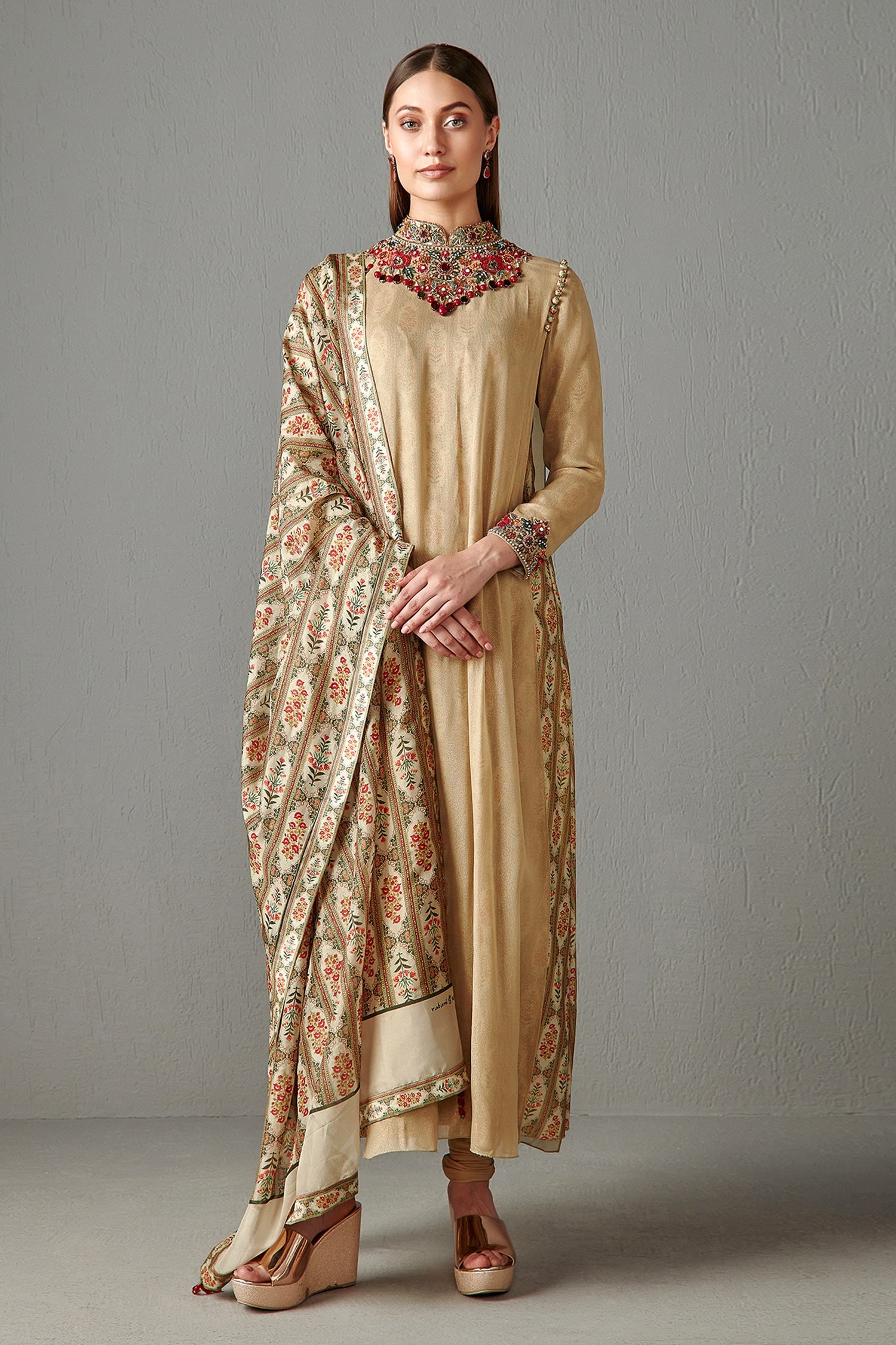 Buy Rabani And Rakha Gold Georgette Rania Jewel Collar Kurta Set Online Aza Fashions