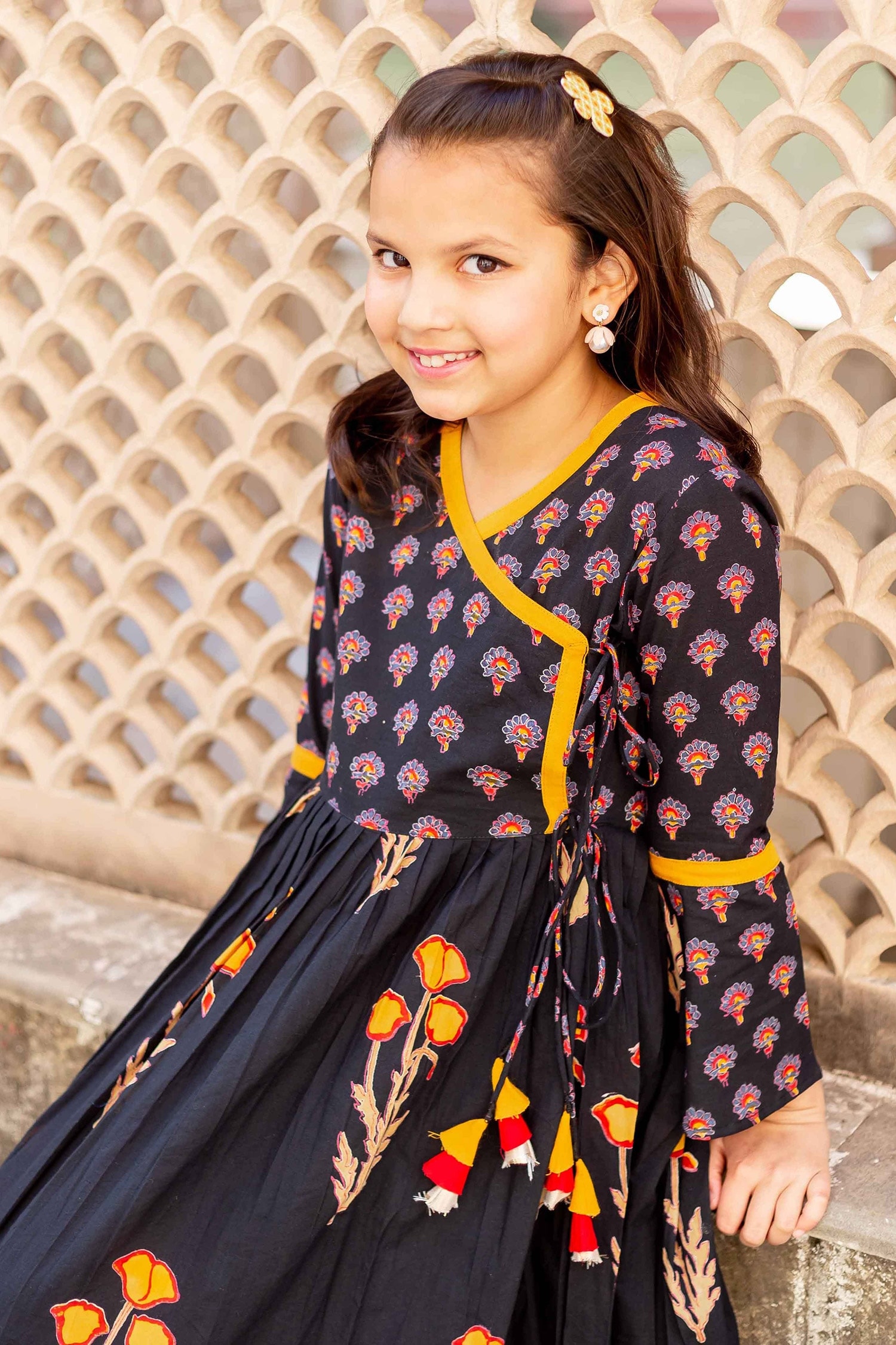 Baby Girl Chanderi Angrakha Suit Set Embroidered Cream  Tiber Taber Kids