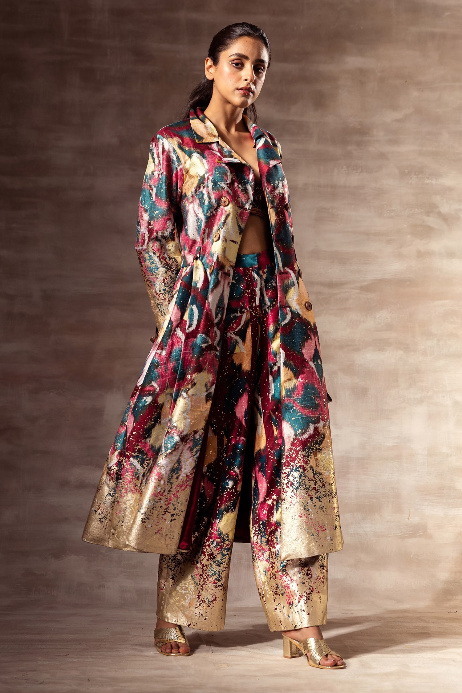 Ruhr India Multi Color Matka Raw Silk Printed Ikat Trench Coat With Belt For Women