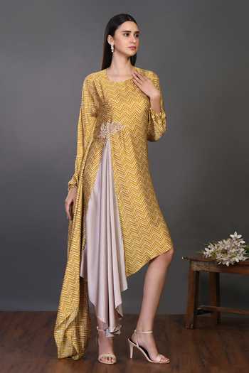 Buy Onaya Yellow Satin Draped Chevron Dress Online | Aza Fashion. Buy Onaya Yellow Satin Draped Chevron Dress Online | Aza Fashion.